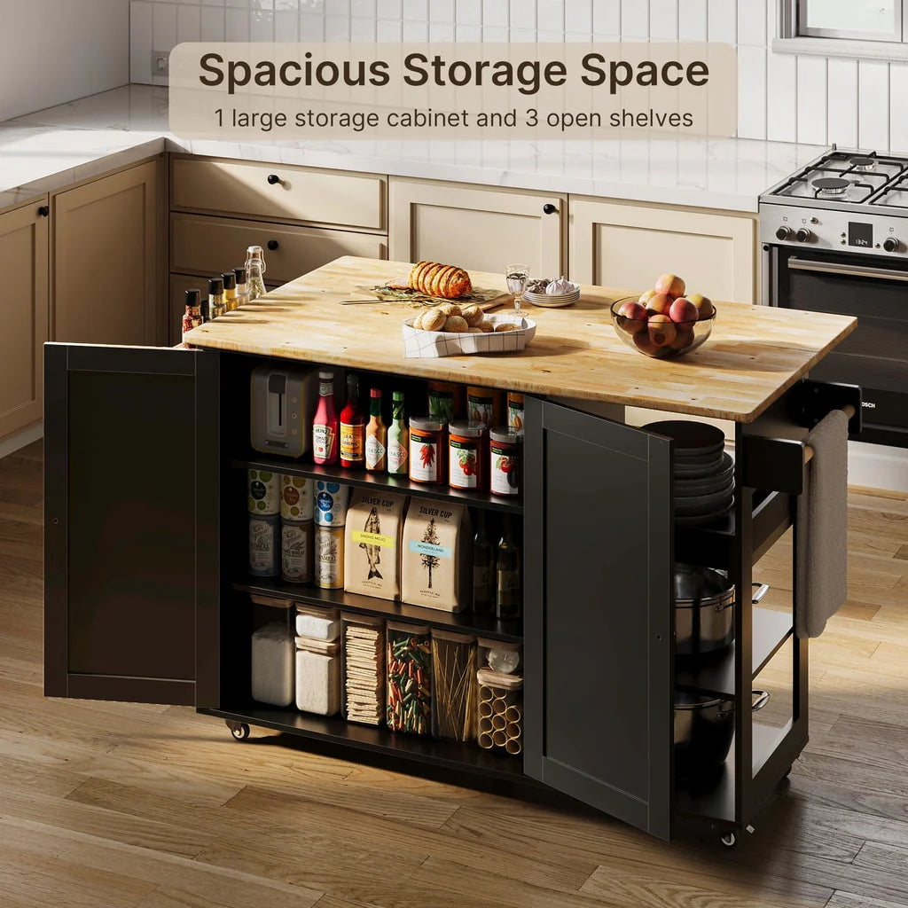 36 H White Wooden Kitchen Island Cart on Wheels with Cabinet and Shelves W6528