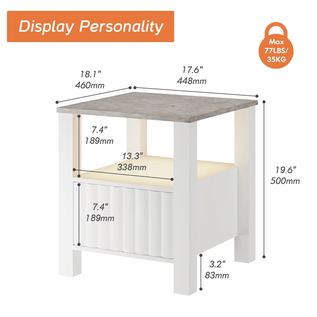 White LED End Table with Door and Open Storage N52689