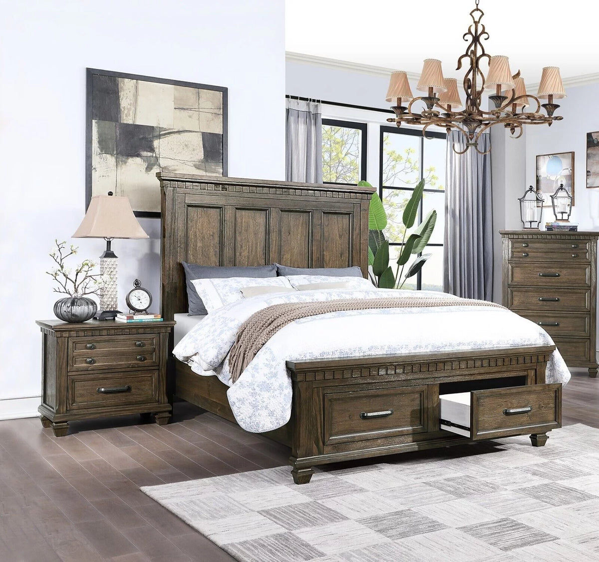 King Size Bed and 2 Nightstands 3pc Set with Storage Footboard A4179