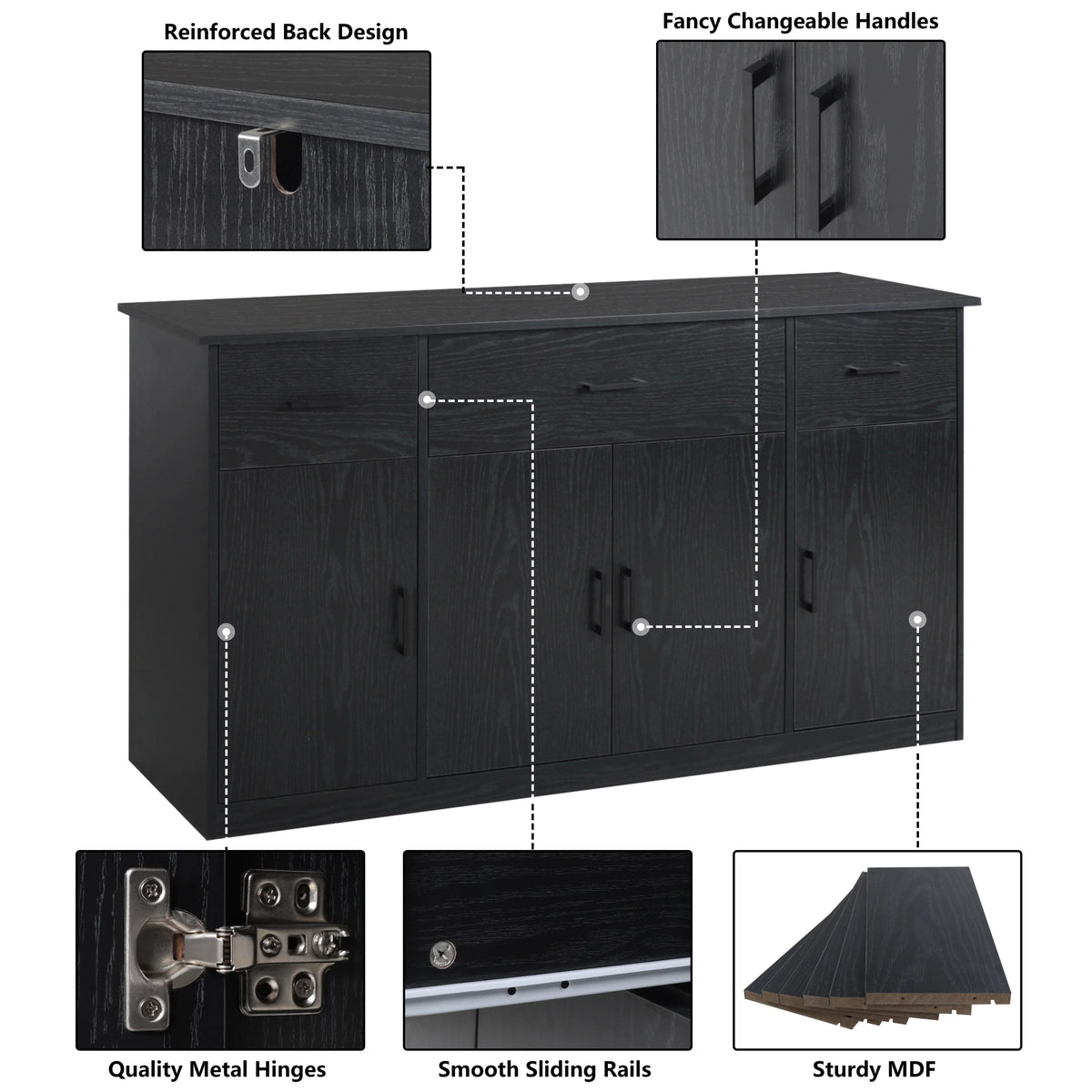 Black Sideboard Buffet Cabinet with 3 Drawers S38449