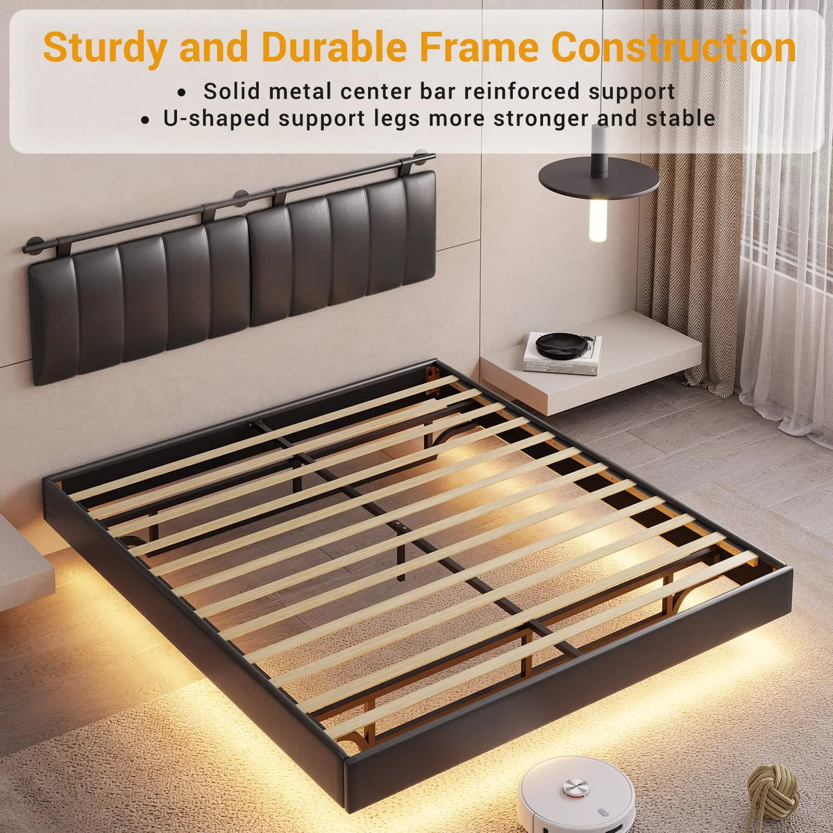 White LED Floating Queen Bed Frame with Upholstered Headboard G79490