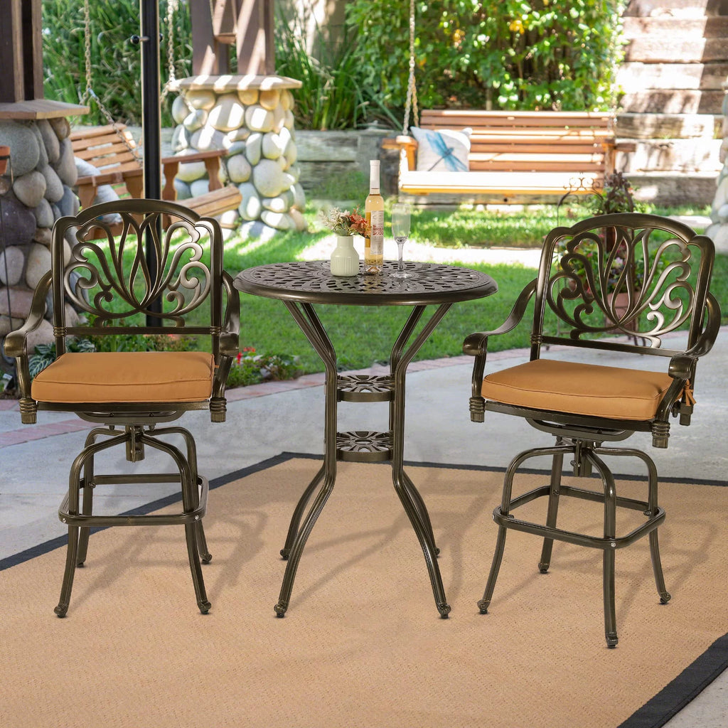 3-Piece Cast Aluminum Patio Swivel Bar Stools Set with Bar Table J8172