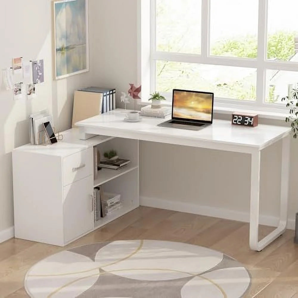 White 55 Inch L-Shaped Corner Desk with 2 Drawers J624