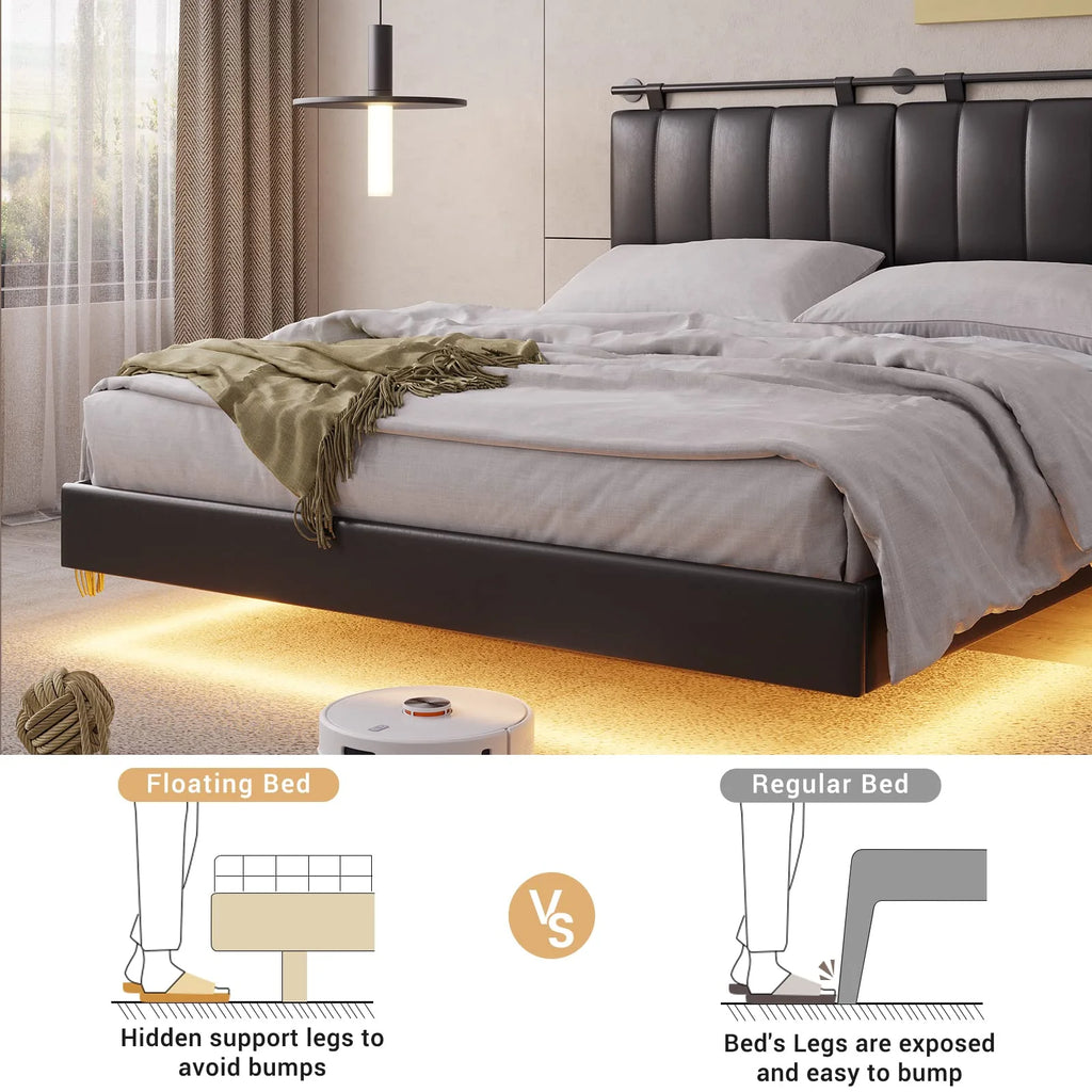 White LED Floating Queen Bed Frame with Upholstered Headboard G79490