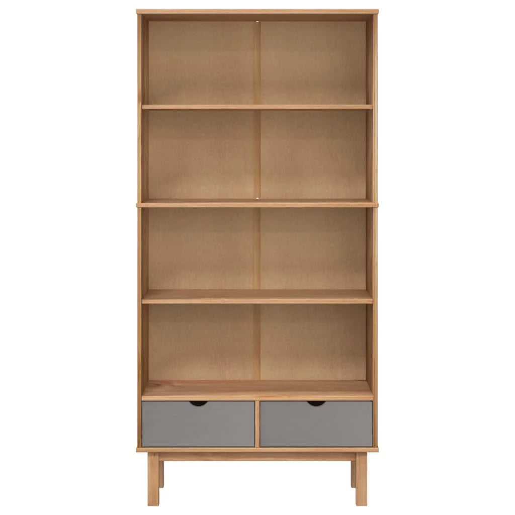 Brown and Gray Solid Wood Pine Bookcase with 2 Drawers X687