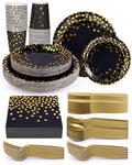 Black and Gold 350 Pieces Disposable Party Tableware Set C463618