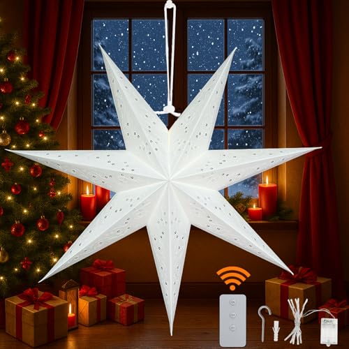 23" 7-Point Paper Star Lantern with LED Lights and Remote A409