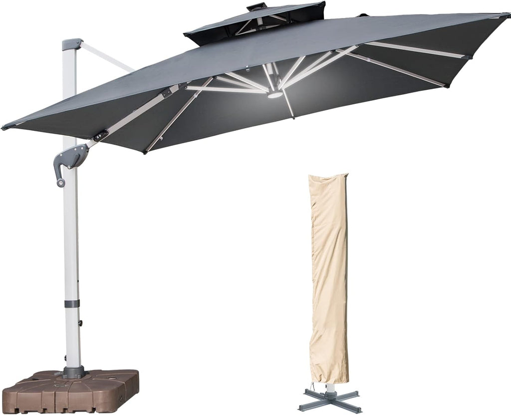 10 FT Square Cantilever Umbrella with Solar LED Lights and Cross Base, Beige Q42203