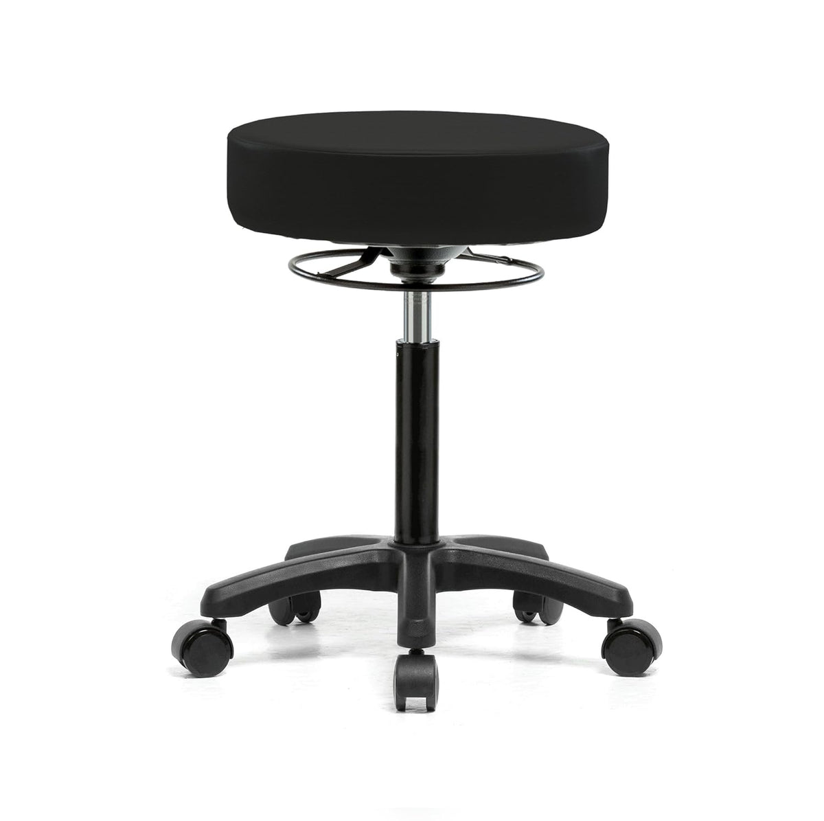 Rolling Height Adjustable Stool with Footring, Black Vinyl B2602
