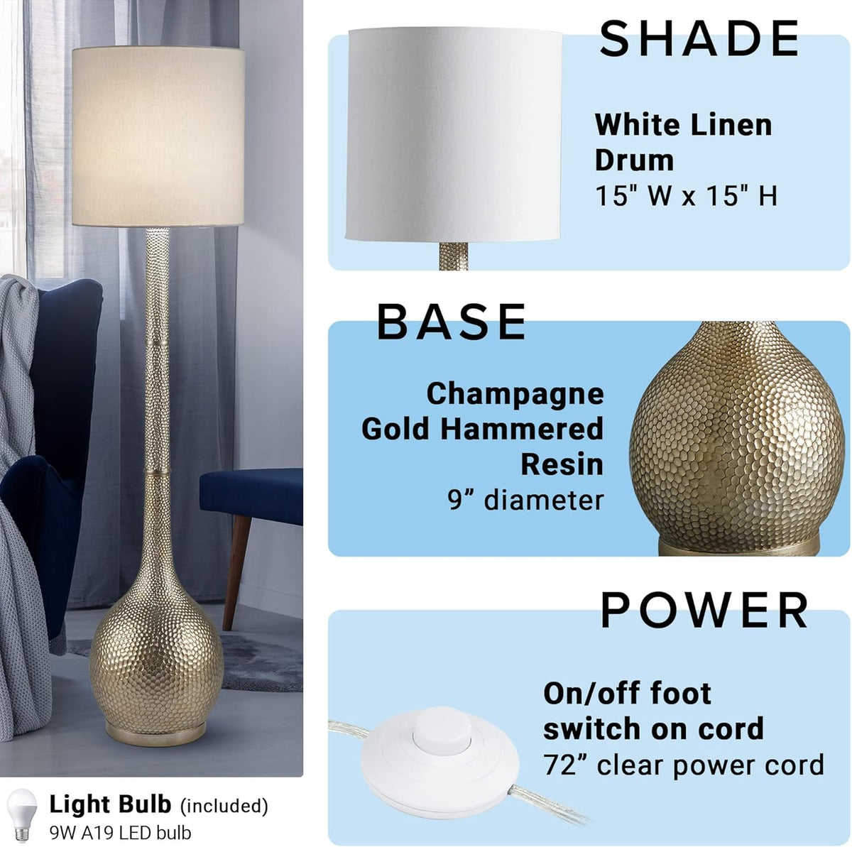 Hammered Metal Floor Lamp with Linen Shade P743