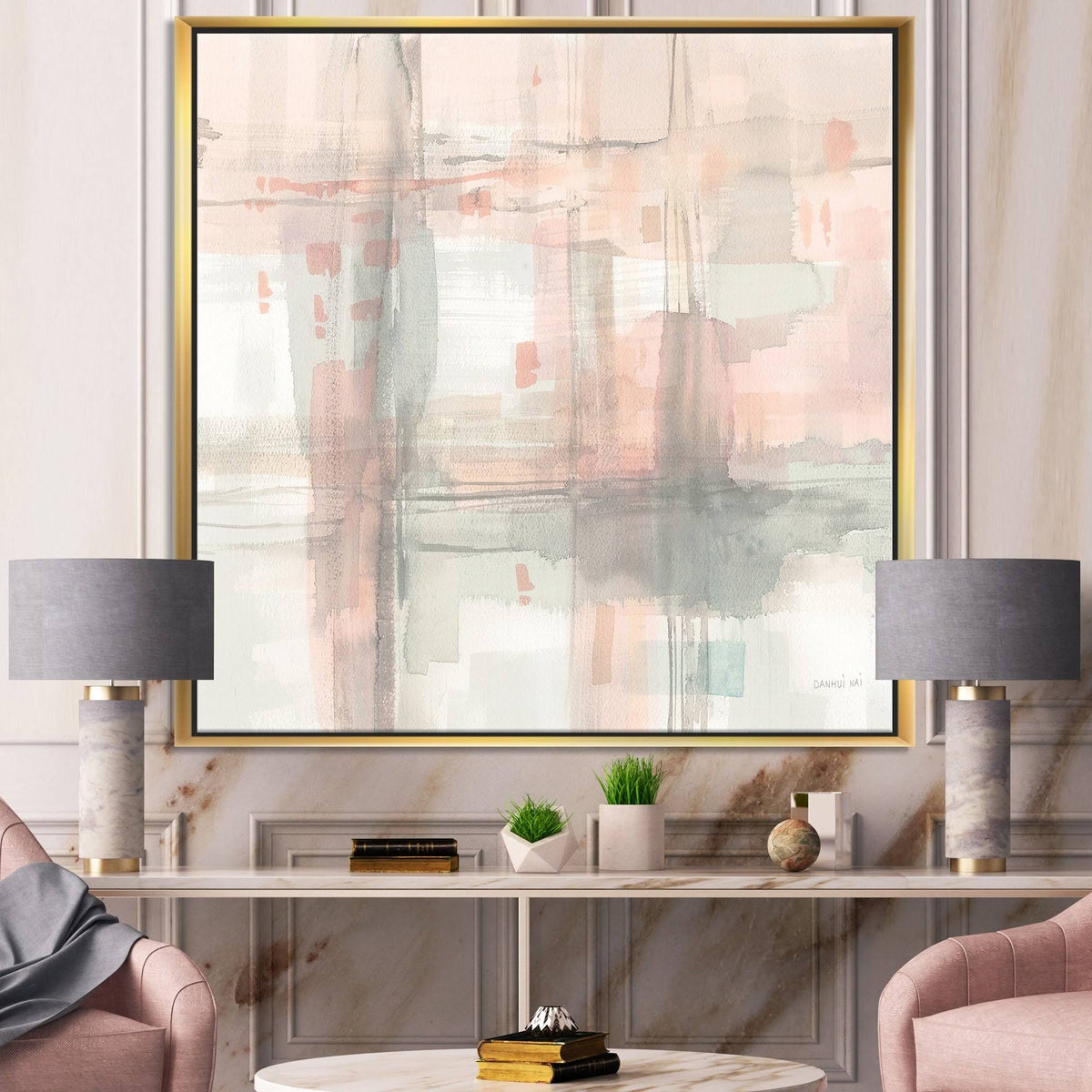 Grey Pink Modern Framed Canvas 44 in. Wide x 34 in. High F8488