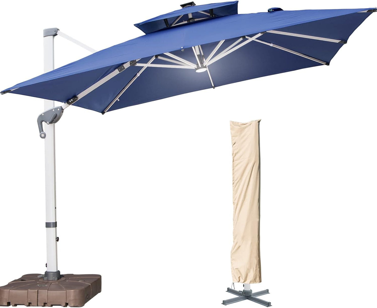 10 FT Square Cantilever Umbrella with Solar LED Lights and Cross Base, Beige Q42203