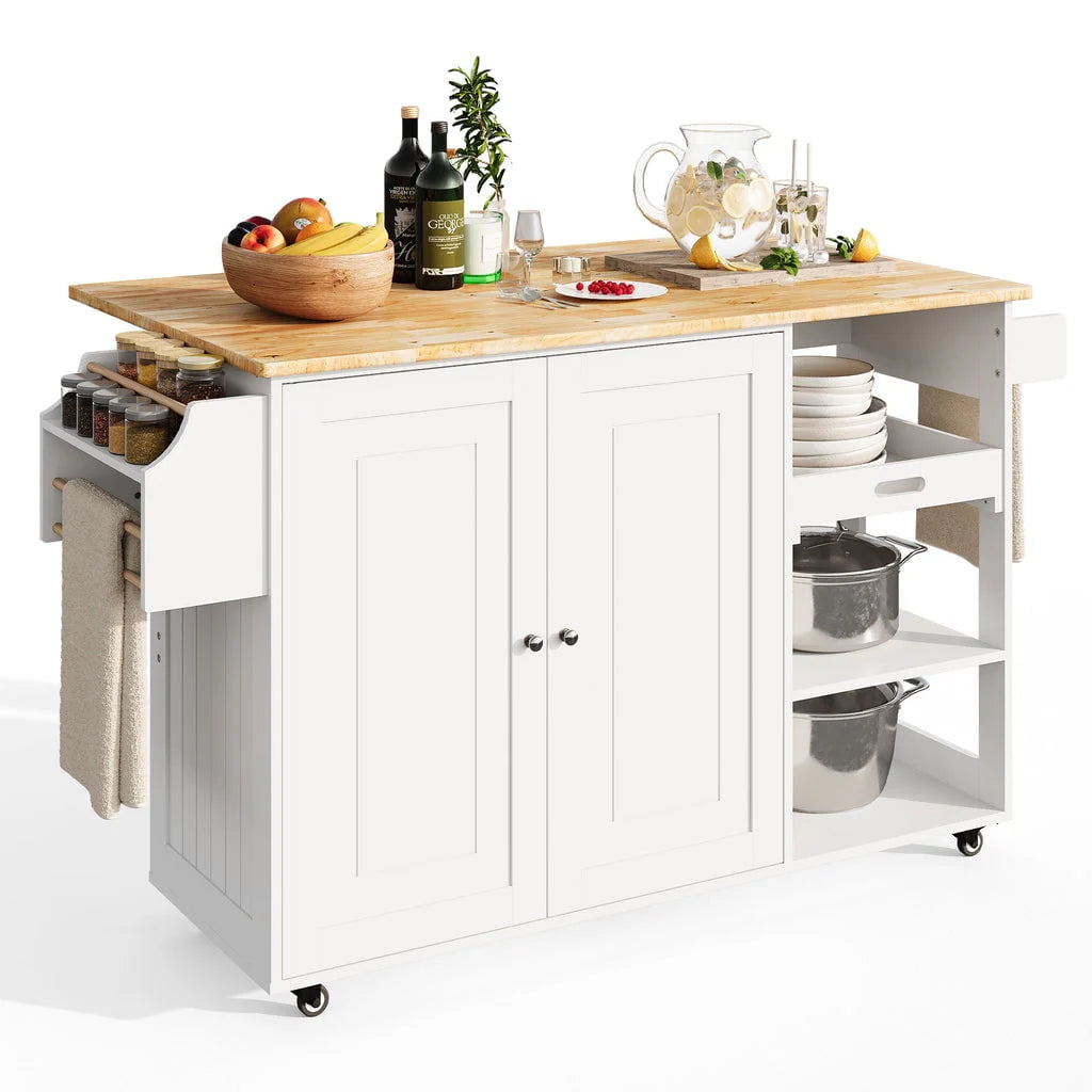36 H White Wooden Kitchen Island Cart on Wheels with Cabinet and Shelves W6528