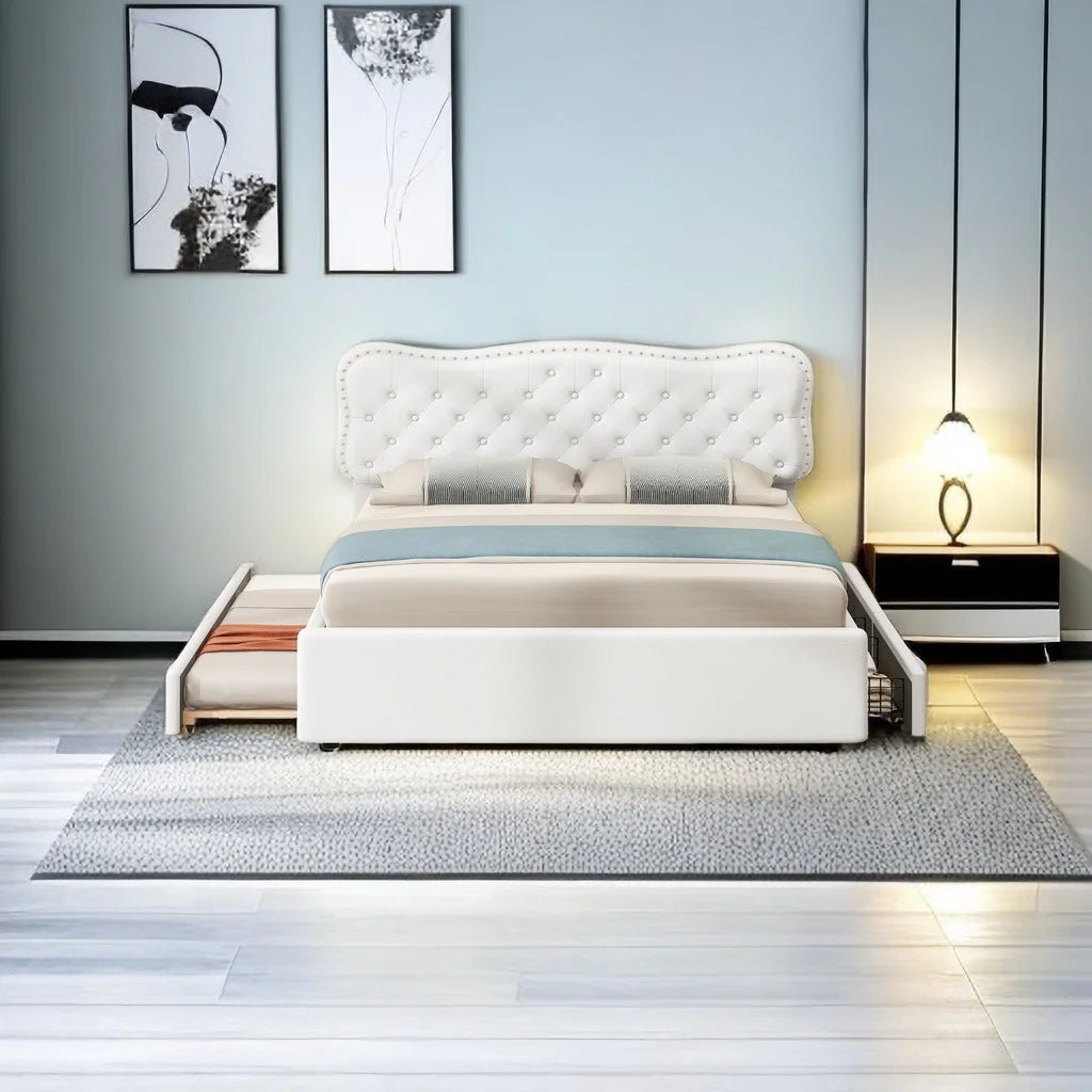 Queen Size Upholstery Platform Bed with 2 Storage Drawers and Trundle M68001