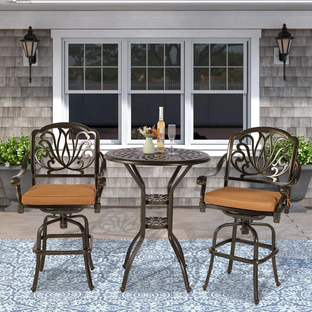 3-Piece Cast Aluminum Patio Swivel Bar Stools Set with Bar Table J8172