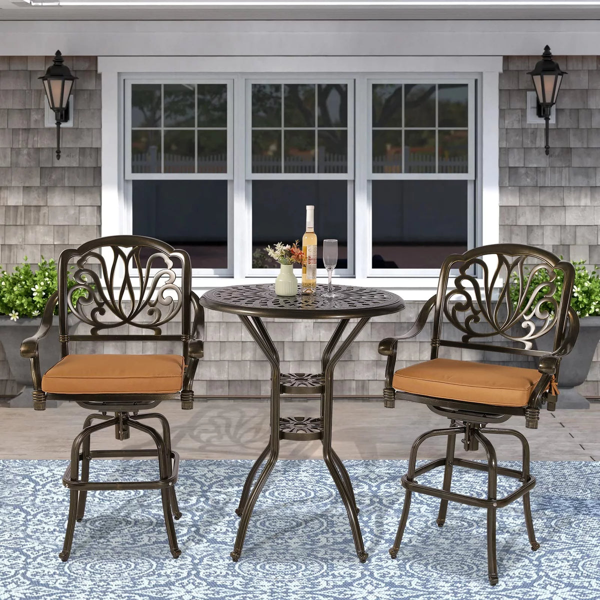 3-Piece Cast Aluminum Patio Swivel Bar Stools Set with Bar Table J8172