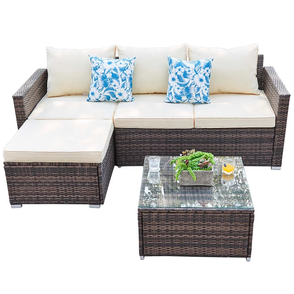 3 Pieces Beige Wicker Rattan Patio Sectional Set with Table O102610
