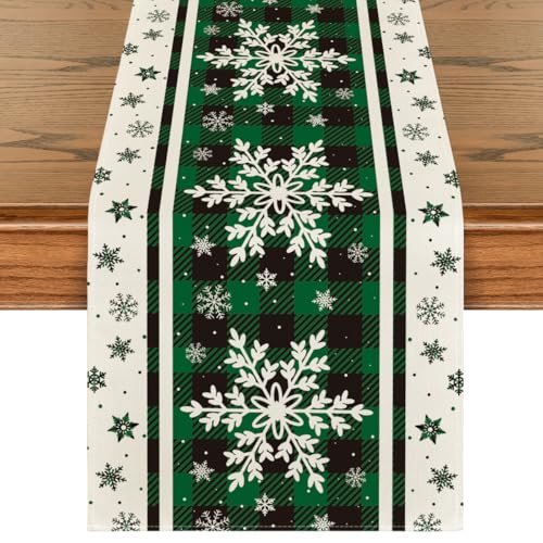 Green Buffalo Plaid Snowflakes Christmas Table Runner 13x72 Inch B789635