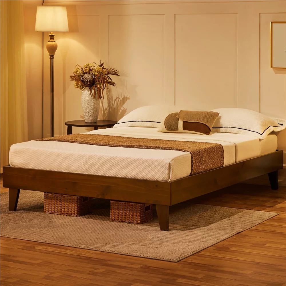 Queen Smoked Walnut Platform Bed Frame with Wood Slat Support B12894