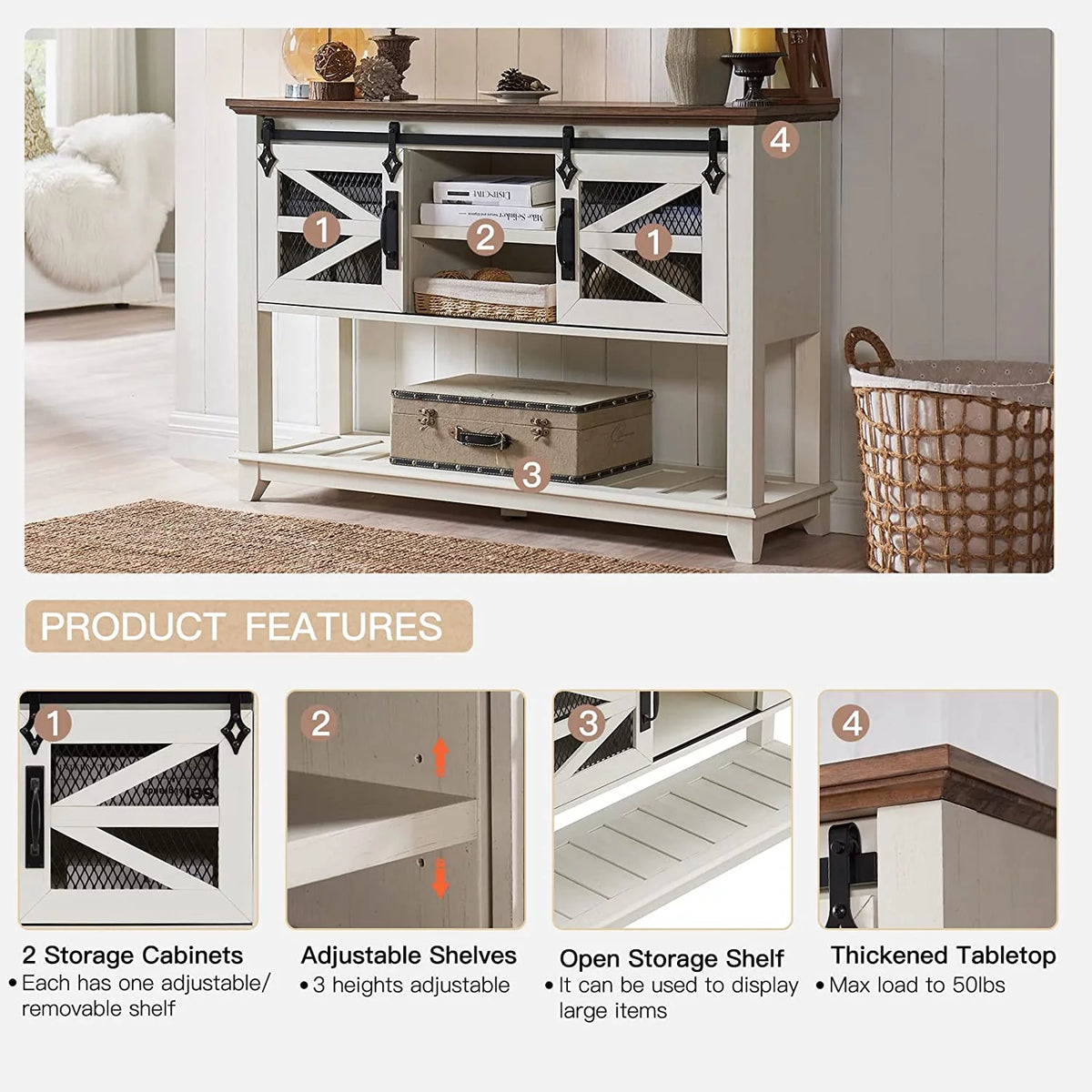 Antique White Wood and Metal Console Table with Storage M224345