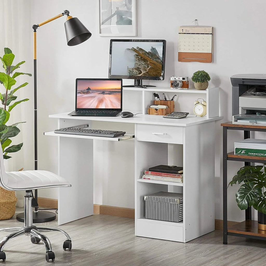 White Computer Desk with Keyboard Tray and Drawers D5035
