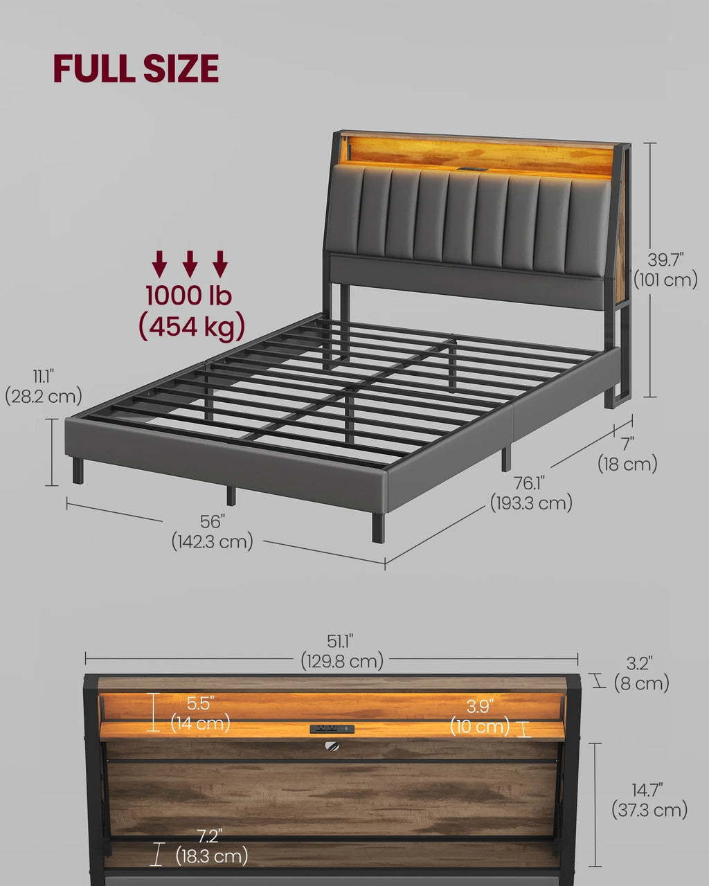 Full Size Bed Frame with Storage Headboard and Charging Station C884