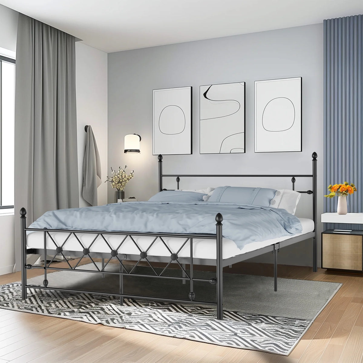 Queen Size Black Metal Platform Bed Frame with Headboard F682