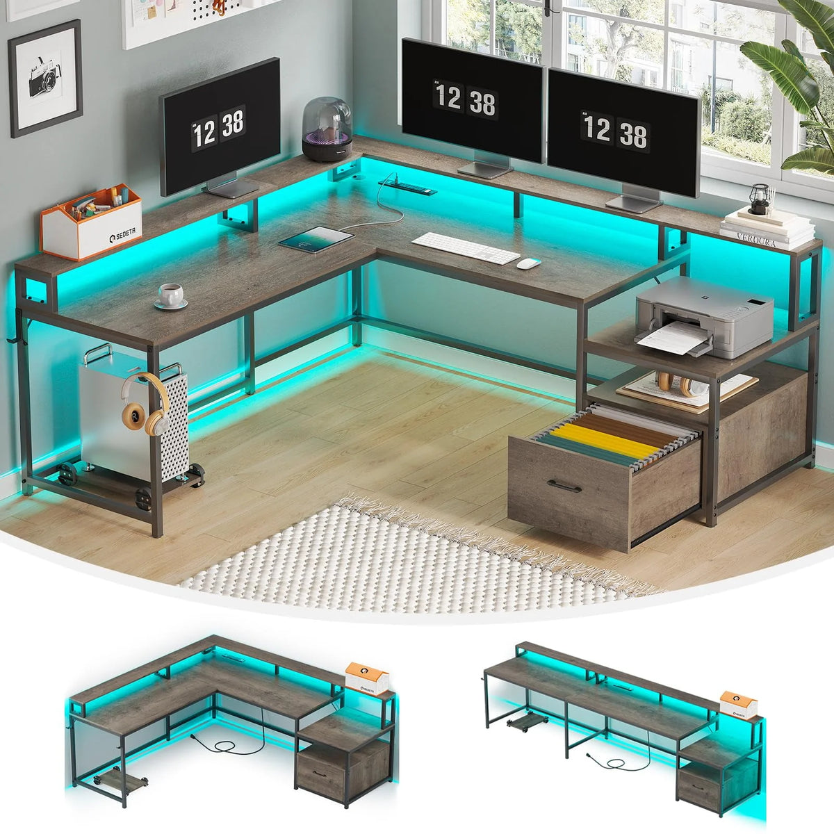 L Shaped Desk with Power Outlet and LED Lights J912