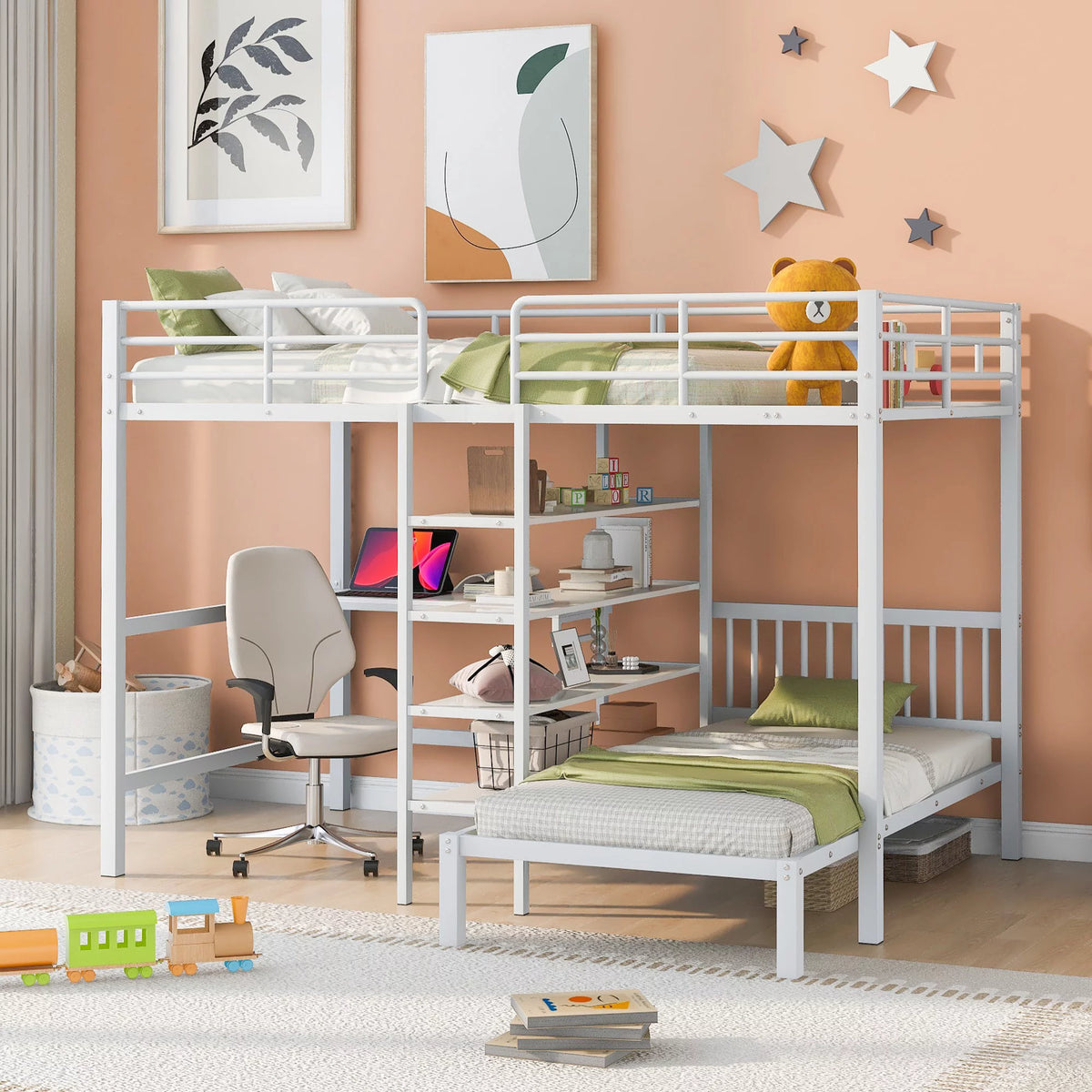 Twin Loft Bed with Desk Storage and Staircase Snow White A795
