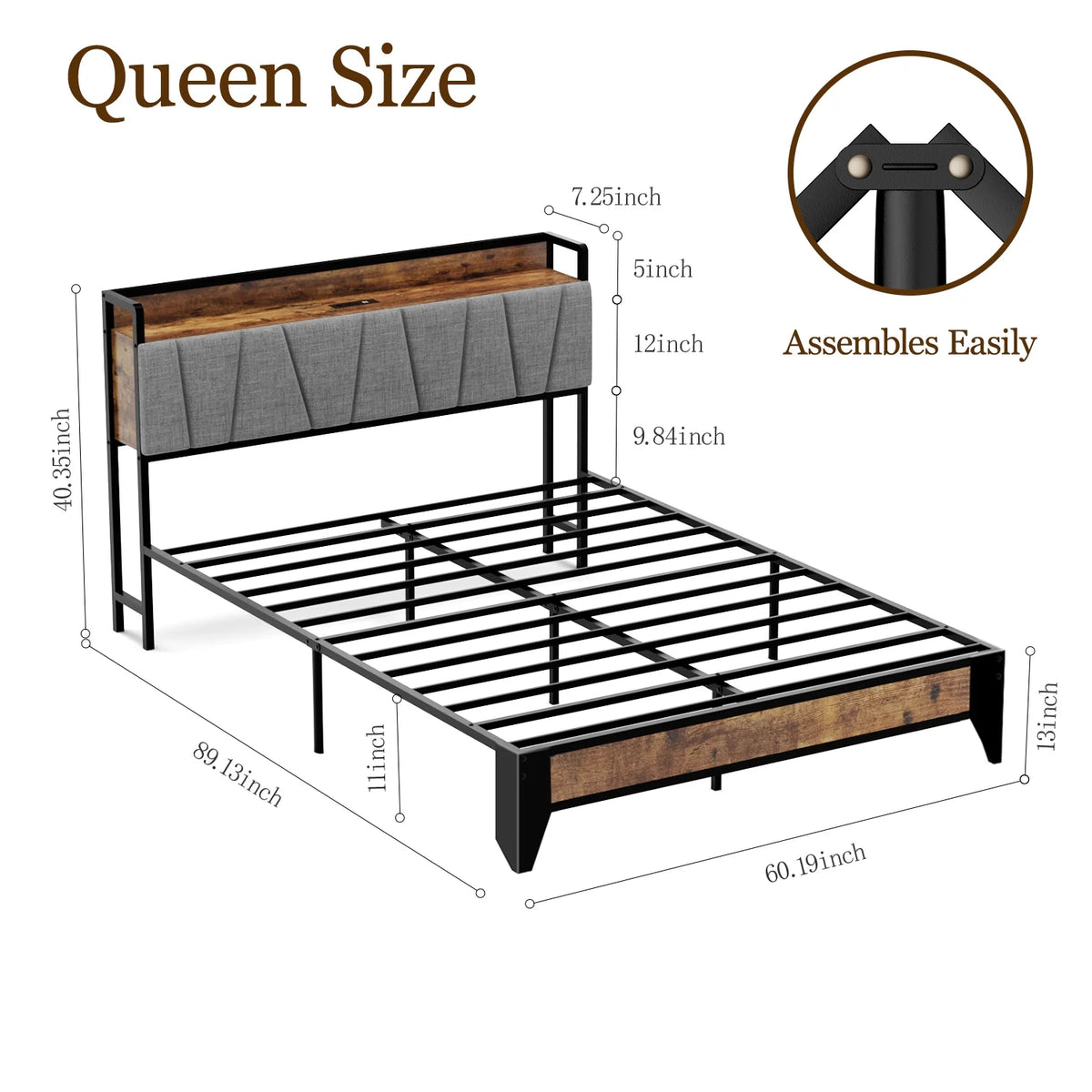 Full Size Platform Bed Frame with Headboard and Storage R4788