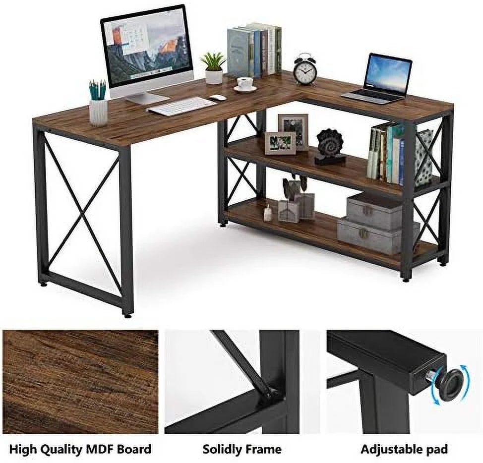 Brown 59" L-Shaped Corner Desk with Shelves M472684