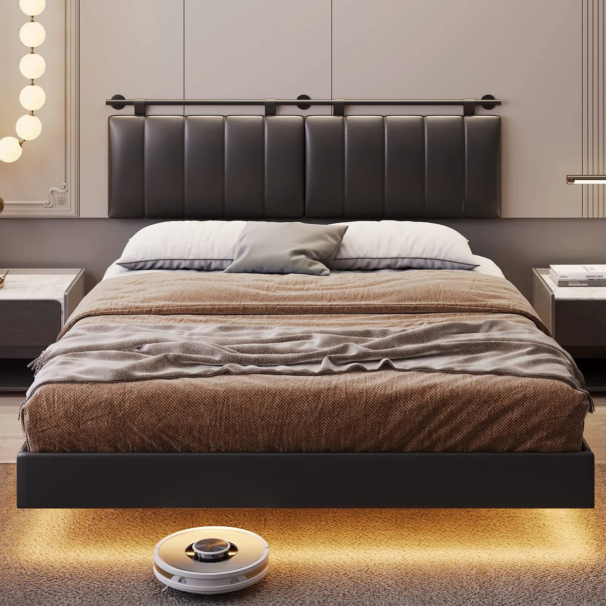 White LED Floating Queen Bed Frame with Upholstered Headboard G79490