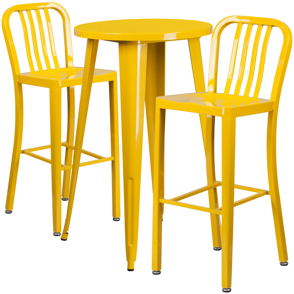 24" Round Yellow Metal Indoor-Outdoor Bar Table Set with 2 Stools E1834