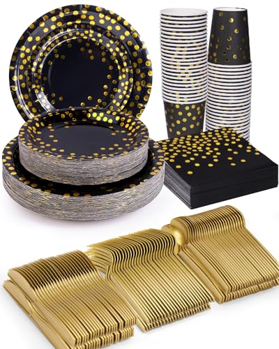 Black and Gold 350 Pieces Disposable Party Tableware Set C463618