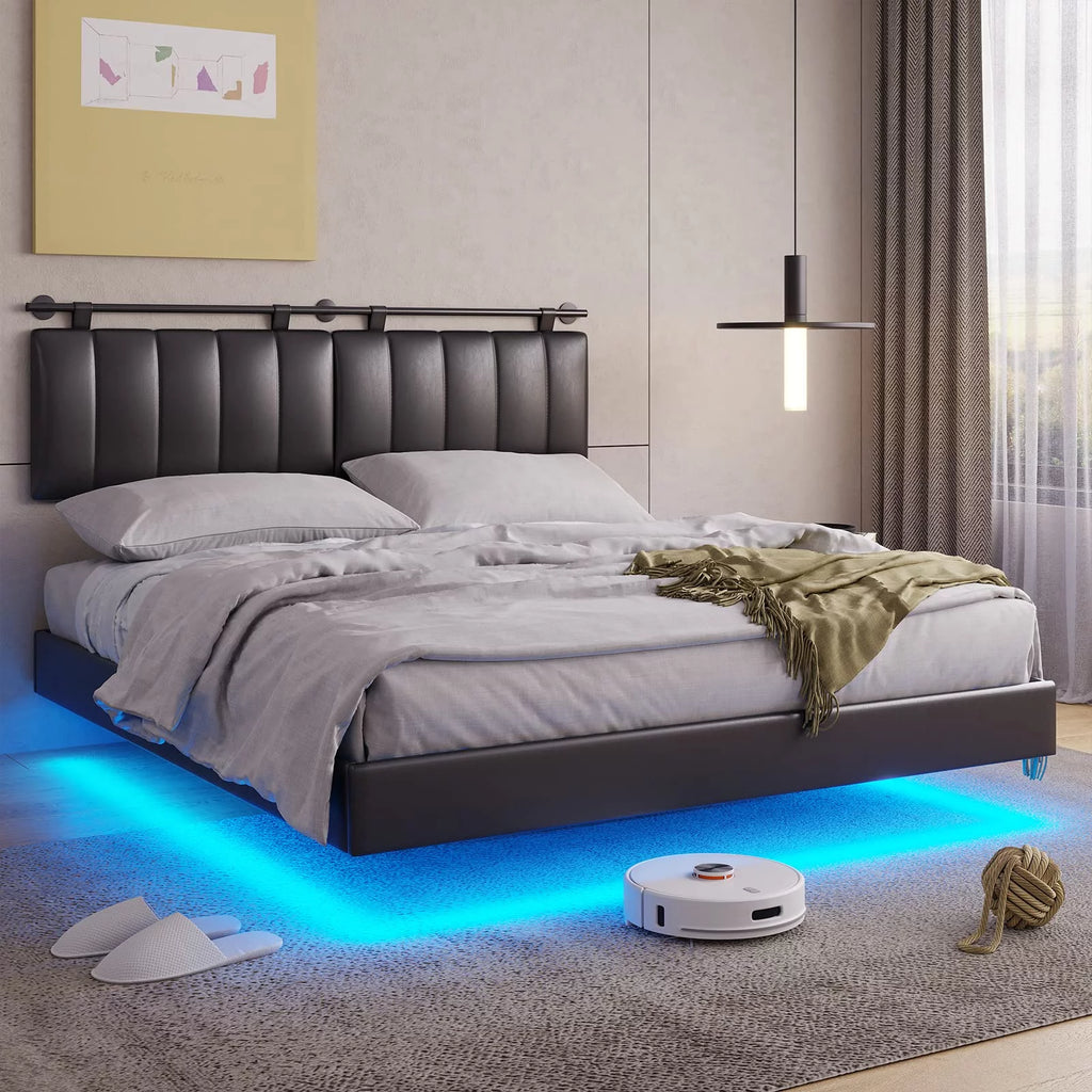 White LED Floating Queen Bed Frame with Upholstered Headboard G79490