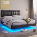 White LED Floating Queen Bed Frame with Upholstered Headboard G79490