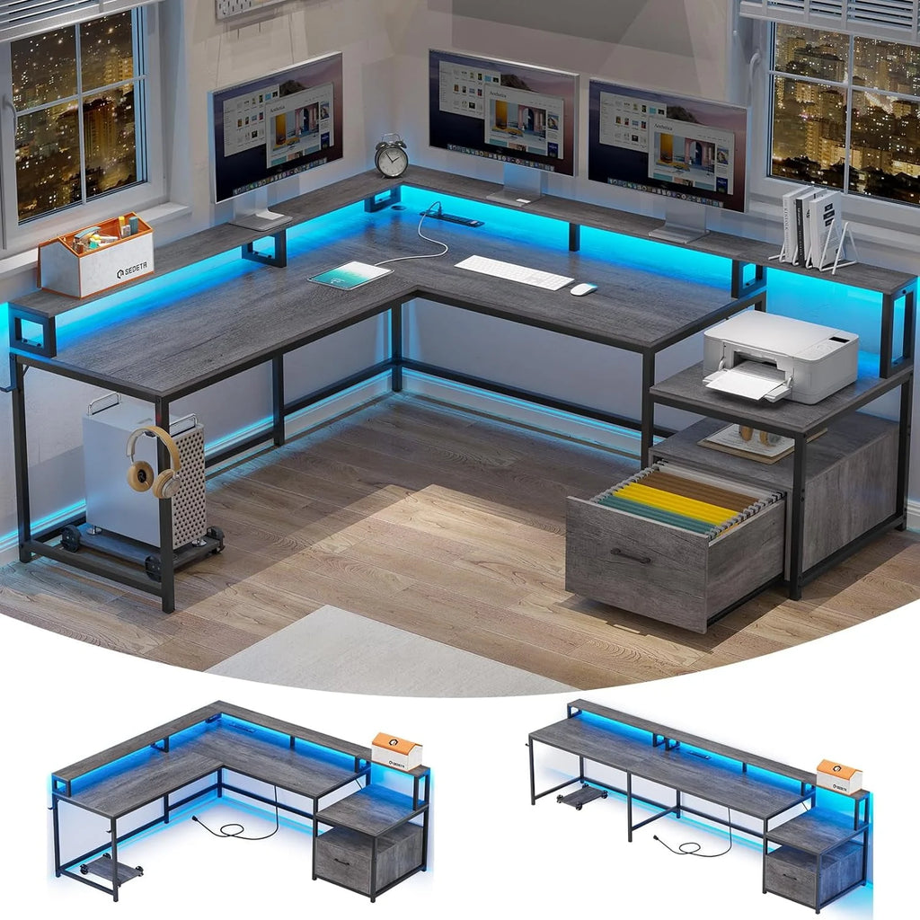 L Shaped Desk with Power Outlet and LED Lights J912