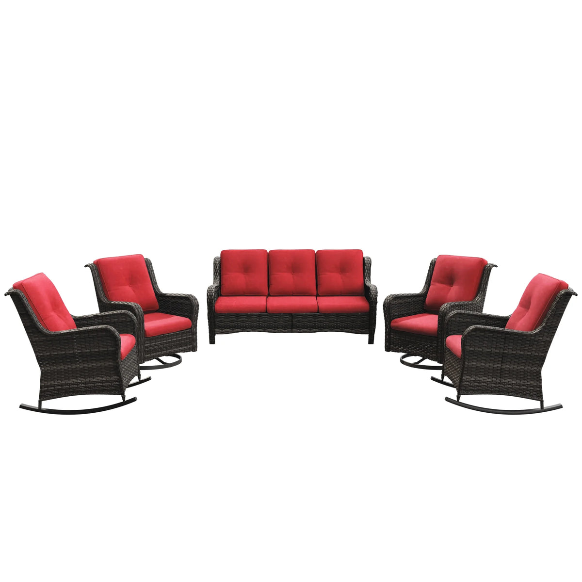 5 Pieces Patio Furniture Set with 3-Seat Sofa and Swivel Rocking Chairs, Red U271818