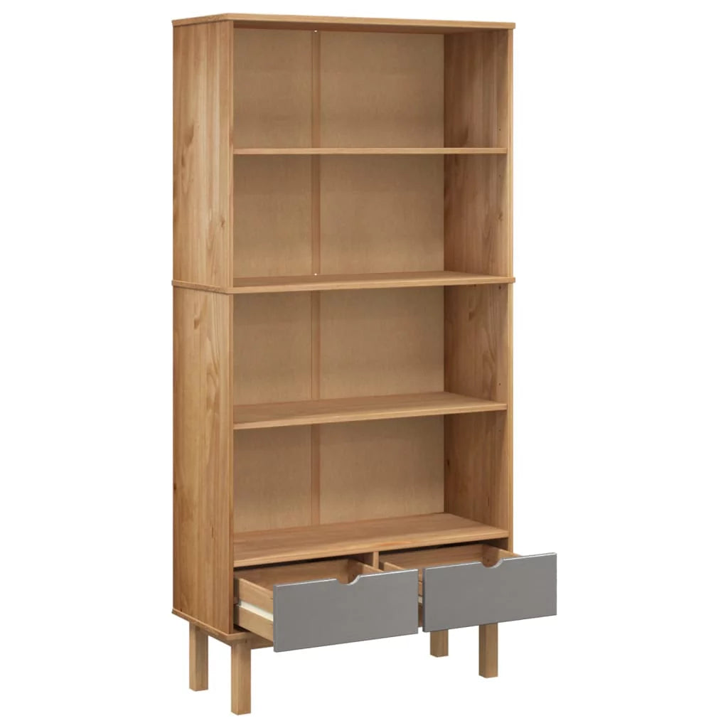 Brown and Gray Solid Wood Pine Bookcase with 2 Drawers X687