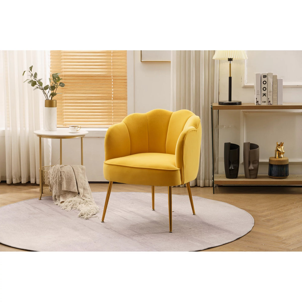 Yellow Velvet Shell Shape Armchair with Gold Legs O321063