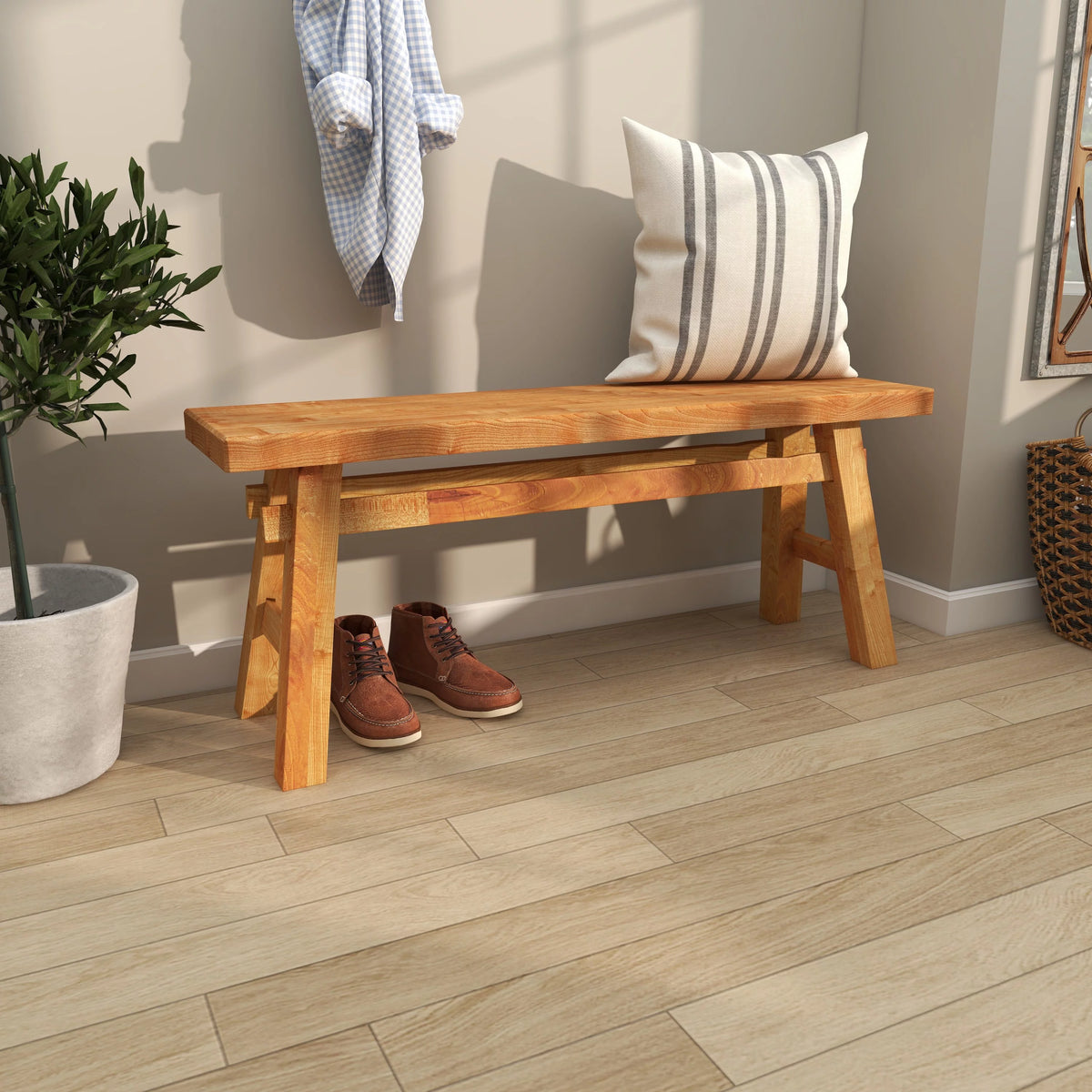 Wood Handmade Distressed Bench with High Trestle Legs E812