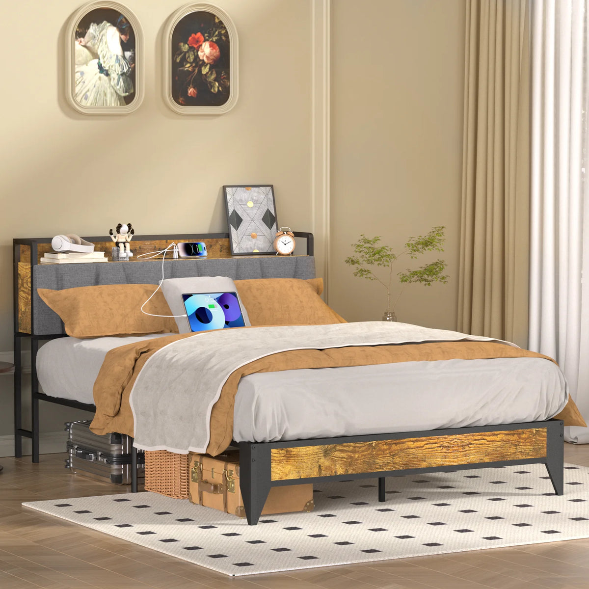 Full Size Platform Bed Frame with Headboard and Storage R4788