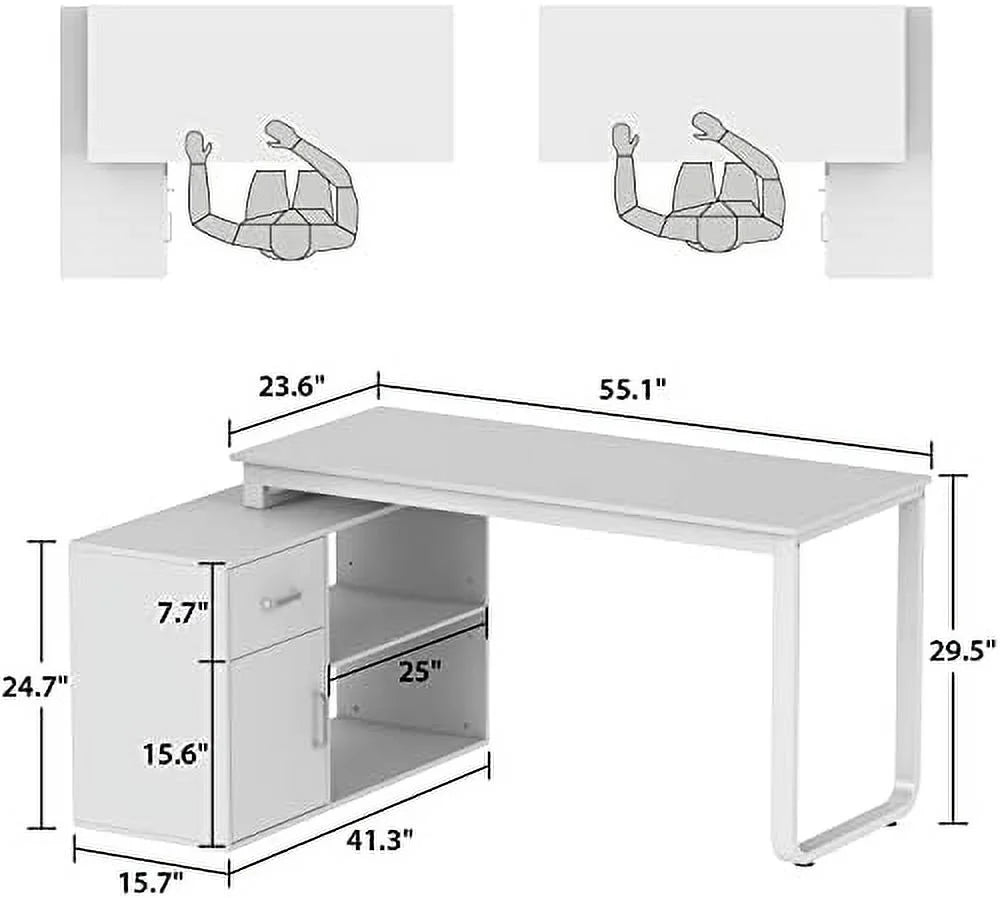 White 55 Inch L-Shaped Corner Desk with 2 Drawers J624