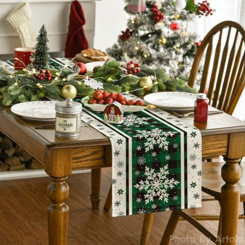 Green Buffalo Plaid Snowflakes Christmas Table Runner 13x72 Inch B789635