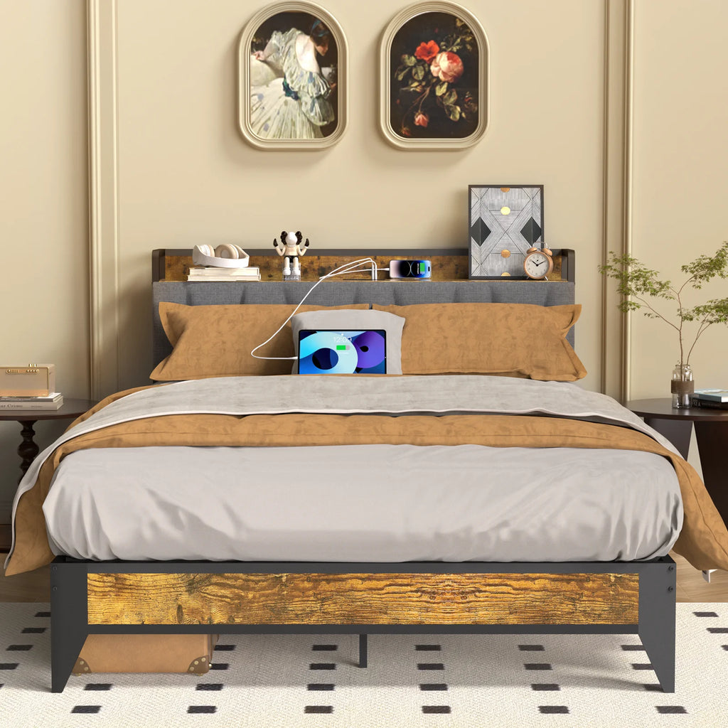 Full Size Platform Bed Frame with Headboard and Storage R4788