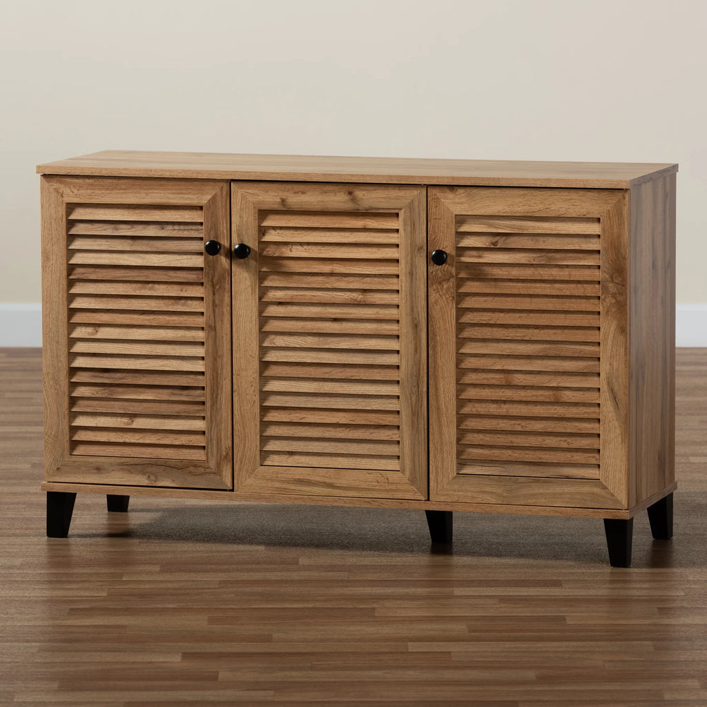 Oak Brown Wood 3-Door Shoe Storage Cabinet A156409