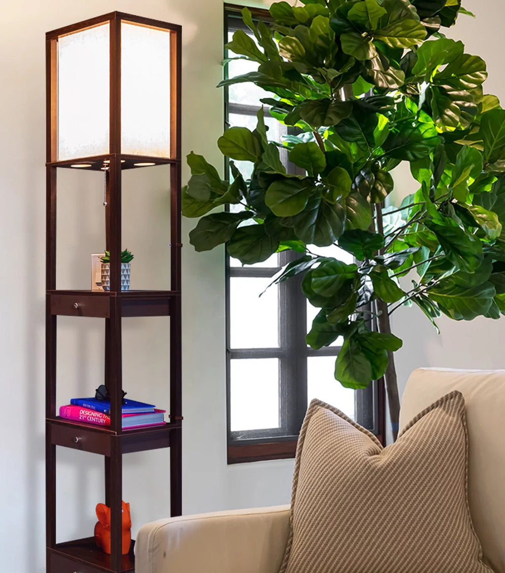 Standing Tower Floor Lamp with Shelves and Drawers I5390