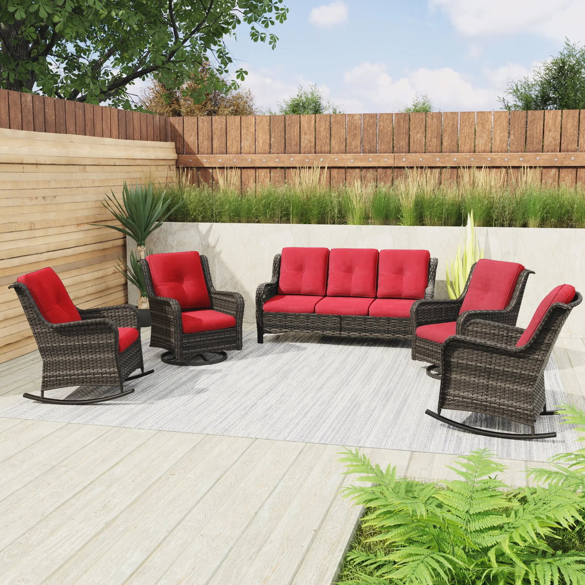 5 Pieces Patio Furniture Set with 3-Seat Sofa and Swivel Rocking Chairs, Red U271818