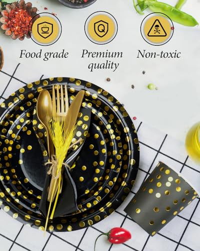 Black and Gold 350 Pieces Disposable Party Tableware Set C463618