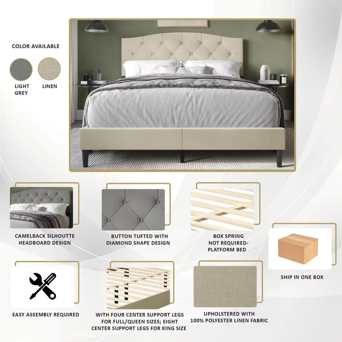 Beige Linen Upholstered Full Platform Bed I848